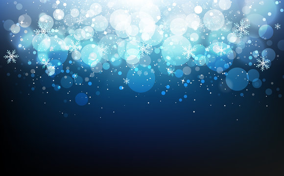 Winter celebration festival with stars blue concept, snowflakes confetti falling, dust, glowing blur scatter blinking Bokeh holiday season abstract background vector illustration