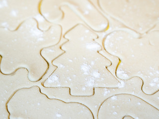 A closeup of a Christmas tree cutout and other holiday stencils or shapes including gingerbread man cut in raw sugar cookie dough with flour sprinkled on top making a beautiful festive background.