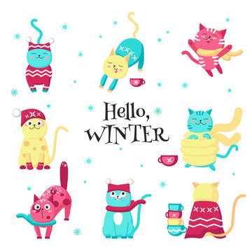 Cute funny winter cats vector isolated illustration