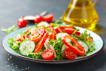 Healthy vegetarian vegetable salad of fresh lettuce, cucumber, sweet pepper and tomatoes. Vegan plant-based food. Flat Lay. Top view