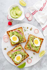 Toasts with avocado guacamole, fresh radish, boiled egg, chia and pumpkin seeds. Diet breakfast. Delicious and healthy plant-based food. Flat lay. Top view