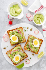 Toasts with avocado guacamole, fresh radish, boiled egg, chia and pumpkin seeds. Diet breakfast. Delicious and healthy plant-based food. Flat lay. Top view