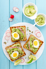Toasts with avocado guacamole, fresh radish, boiled egg, chia and pumpkin seeds. Diet breakfast. Delicious and healthy plant-based food. Flat lay. Top view