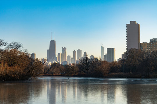Chicago Skyline viewed from North Pond in Lincoln Park during the Winter