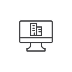 Hotel booking outline icon. linear style sign for mobile concept and web design. PC monitor with building on screen simple line vector icon. Symbol, logo illustration. Pixel perfect vector graphics
