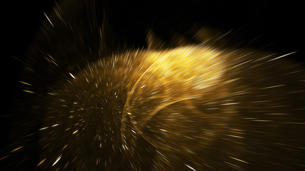 Abstract golden rays and sparkles. Bright holiday background. Digital fractal art. 3d rendering.
