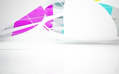 White smooth abstract architectural background whith colored gradient lines . 3D illustration and rendering