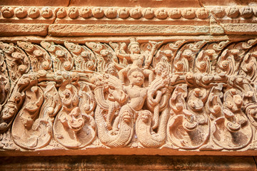 Vishnu on Garuda relief  on the wall of the Vat Phou temple complex sanctuary