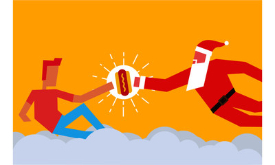 Santa Claus giving Christmas present to man. Santa gifting food to another person. Vector Illustration of two men and hot dog. Christmas Gift Concept.