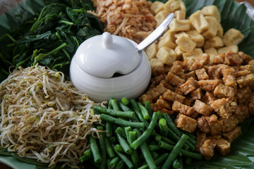 Gado-gado, slightly boiled, blanched or steamed vegetables with fried tofu and tempeh served with a peanut sauce dressing, traditional Indonesian dish