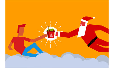 Obraz premium Santa Claus giving Christmas present to man. Santa gifting food to another person. Vector Illustration of two men and chinese takeaway noodles. Christmas Gift Concept.