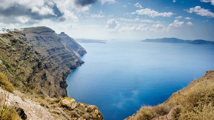 Scenic coastline of Santorini island; Greece