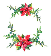 Fototapeta premium Watercolor poinsettia, green twig on a white background. Christmas