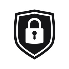 Shield security with lock symbol. Protection, safety, password security vector icon illustration. Firewall access privacy sign. Lock security icon for login page. Website guard emblem.