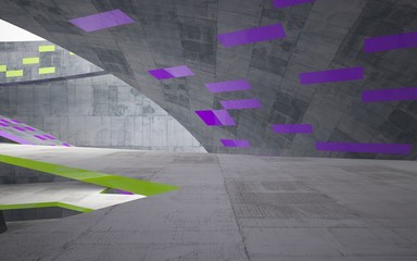 Abstract interior of concrete with glossy green and violet lines. Architectural background. 3D illustration and rendering 