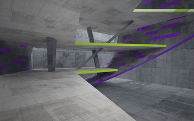 Abstract interior of concrete with glossy green and violet lines. Architectural background. 3D illustration and rendering 