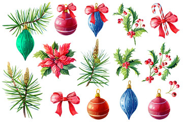 Watercolor set with winter elements for the New year. Colorful Christmas balls, pine, poinsettia, Holly, bow, striped candy