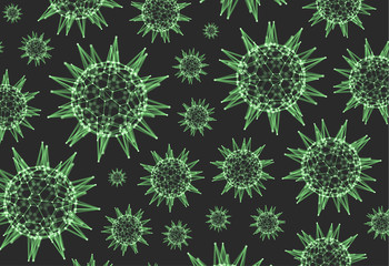 3d sphere with connected lines and dots. Microorganism cells in space. Green virus particles. Abstract vector illustration for science, medicine, education.