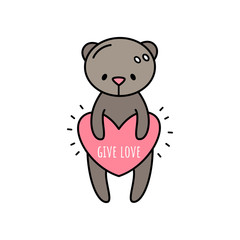 Vector illustration for valentines day. Cute bear with a heart. Give love