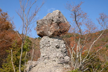 Fototapeta premium Balanced rock in Kankakei valley at autumn ,Shodoshima,Shikoku,Japan