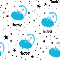 Vector seamless pattern for Valentine's day. Loving cat in space. Doodle style