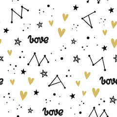 Vector seamless pattern for Valentine's day. Cosmos and constellations, lettering. Doodle style