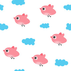 Vector seamless pattern for Valentine's day. Cute bird in the clouds. Doodle style