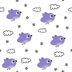 Vector seamless pattern for Valentine's day. Cute bird in the clouds. Doodle style