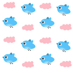 Vector seamless pattern for Valentine's day. Cute bird in the clouds. Doodle style