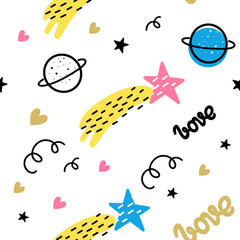 Vector seamless pattern for Valentine's day. Space. Doodle style