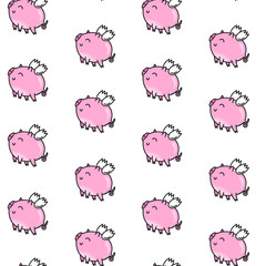 Vector seamless pattern for Valentine's day. Cute pink pig. Doodle style, cartoon background