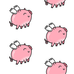 Vector seamless pattern for Valentine's day. Cute pink pig. Doodle style, cartoon background
