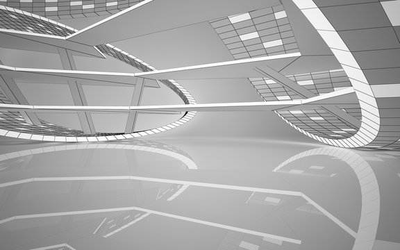 Abstract white interior highlights future. Polygon drawing . Architectural background. 3D illustration and rendering