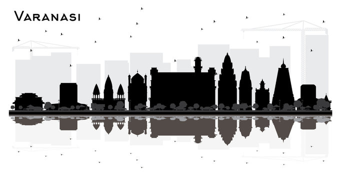 Varanasi India City Skyline Silhouette with Black Buildings and Reflections Isolated on White.