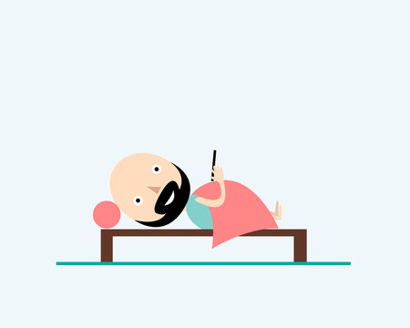 A man is lying in bed with a phone in his hand. Vector illustration.