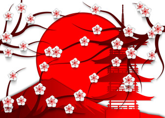 Japanese landmarks on the background of the japanese flag. Elements for design of travel brochures, cards, banners, covers. 3d vector illustration, paper cut style.