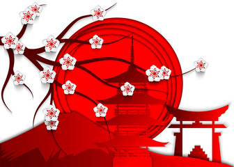 3d vector illustration of the Japanese flag, Japanese landmarks against the background of the japanese flag. Design element for touristic brochure, banner, background.