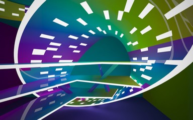 Abstract interior of the future in a minimalist style with gradient colored sculpture. Night view from the backligh. Architectural background. 3D illustration and rendering