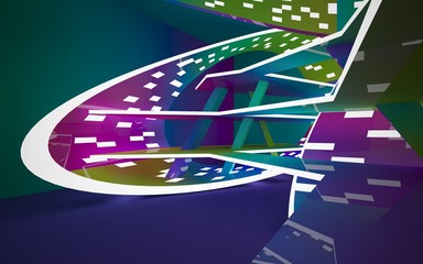 Abstract interior of the future in a minimalist style with gradient colored sculpture. Night view from the backligh. Architectural background. 3D illustration and rendering
