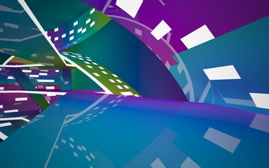 Abstract interior of the future in a minimalist style with gradient colored sculpture. Night view from the backligh. Architectural background. 3D illustration and rendering