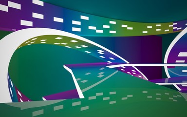 Abstract interior of the future in a minimalist style with gradient colored sculpture. Night view from the backligh. Architectural background. 3D illustration and rendering