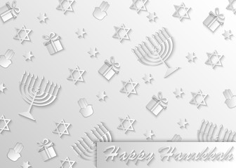 Hanukkah grey backgroundwith holiday candles, gifts, Hamsa, David stars. Modern paper cut design for Jewish Festival of light. 3d vector illustration.