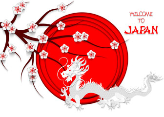 Japanese red dragon cut out of paper on the background of the Japanese flag, cherry blossoms and hand lettering Welcome to Japan. 3d vector illustration of the Japanese flag. Travel brochure design el