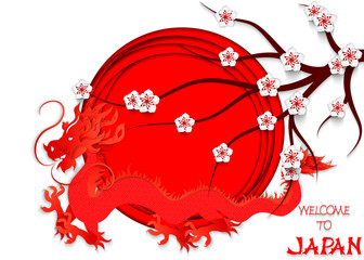 Japanese red dragon cut out of paper on the background of the Japanese flag, cherry blossoms and hand lettering Welcome to Japan. 3d vector illustration of the Japanese flag.