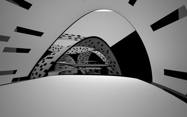 Abstract dynamic interior with white smooth objects and black room . 3D illustration and rendering