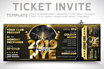 Invitation Ticket. Ticket party, new year invite. gold champagne. elegant holiday party invitation. Flyers. 2019. invitations. invitation card, Template