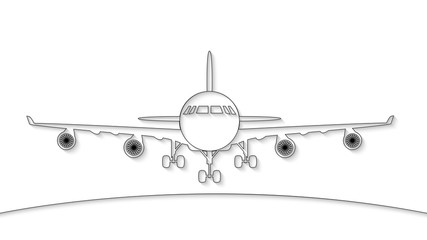 Black outline of the airplane and the horizon line. 3d vector illustration. Paper cut out style.