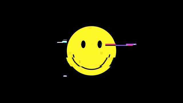 A smiley icon representing a funny yellow happy smiling face, but with a heavy digital distortion glitch effect. Disquieting, unsettling symbol. Small size.
