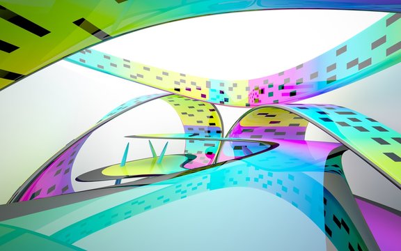 abstract architectural interior with colored smooth sculpture. 3D illustration and rendering