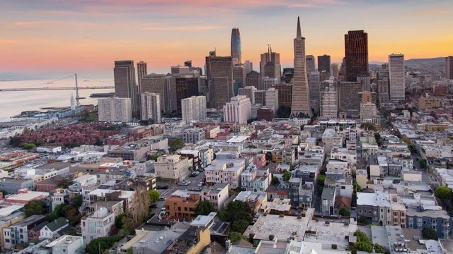 Aerial Panoramic San Francisco Skyline. Drone View of the New Modern Downtown Skyscrapers at Sunset